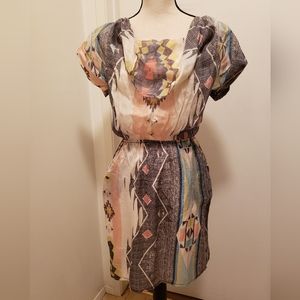 Aryn K. silk midi dress colorful geometric pattern w/ back strap detail size S